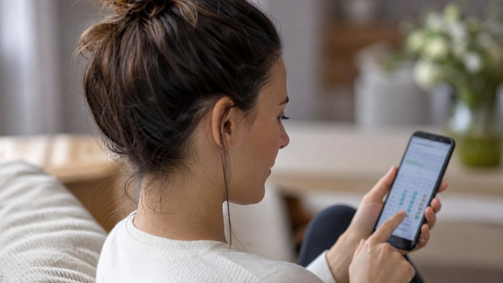 Cliente réservant depuis son téléphone un créneau chez son coiffeur, le soir chez elle